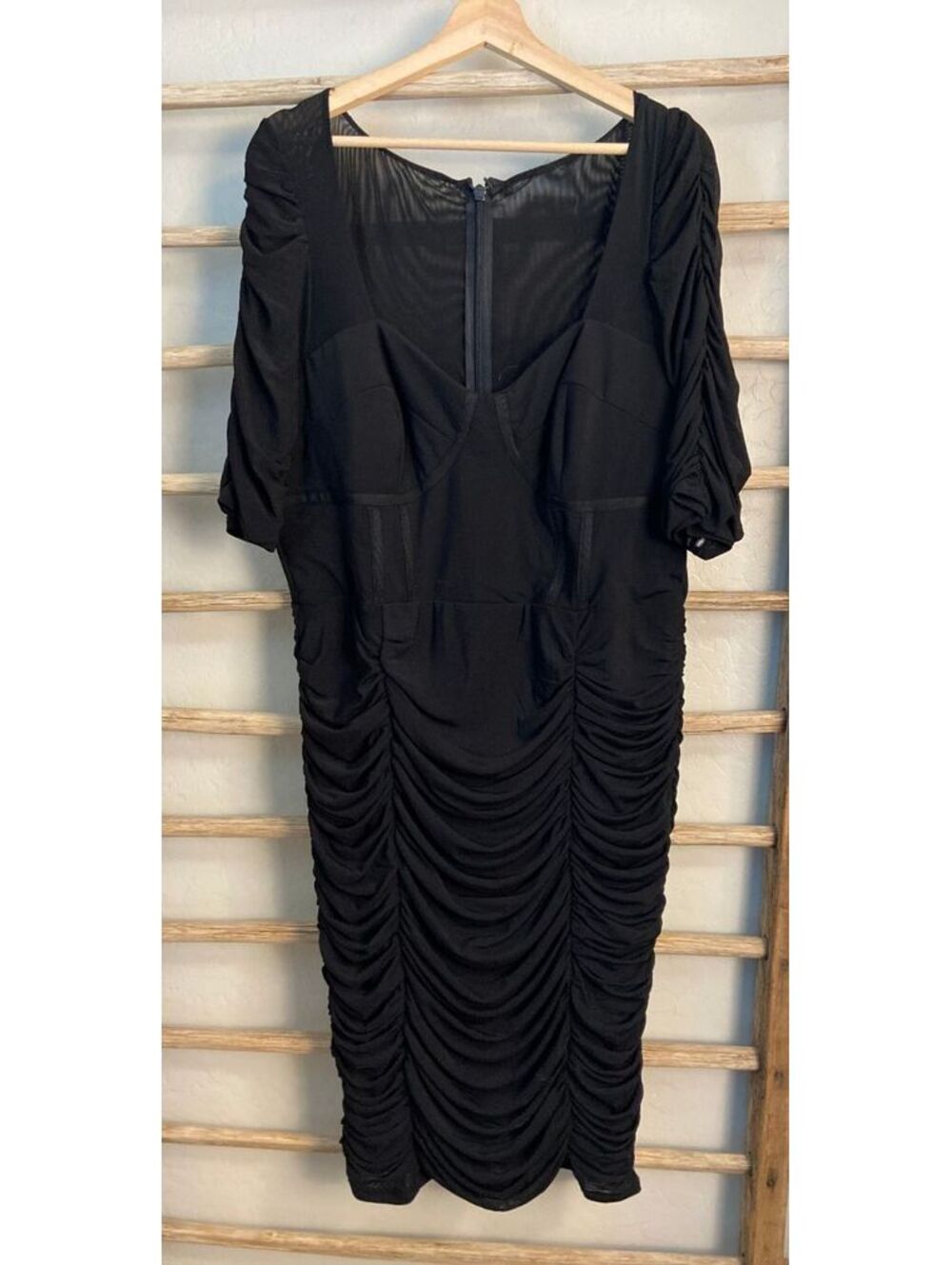 City Chic Collective Black Ruched Midi Dress with Sheer Back